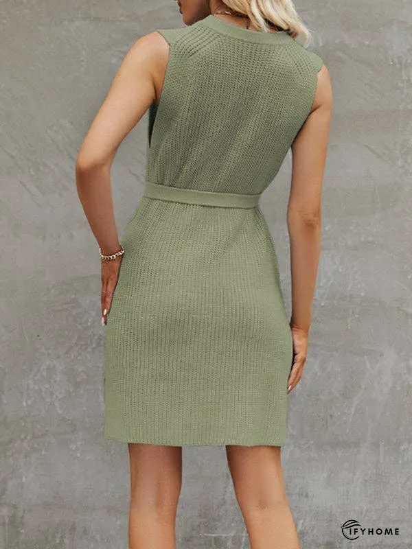 A-Line Loose Solid Color Split-Side Tied Waist Round-Neck Mini Dresses Sweater Dresses | IFYHOME