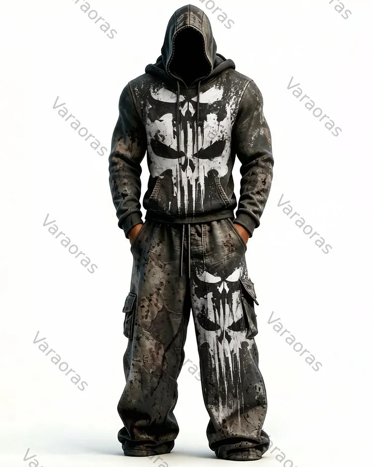 Men's Fashion Skull Contrast Color Embroidered Hoodie & Pants Two-Piece Set 8904