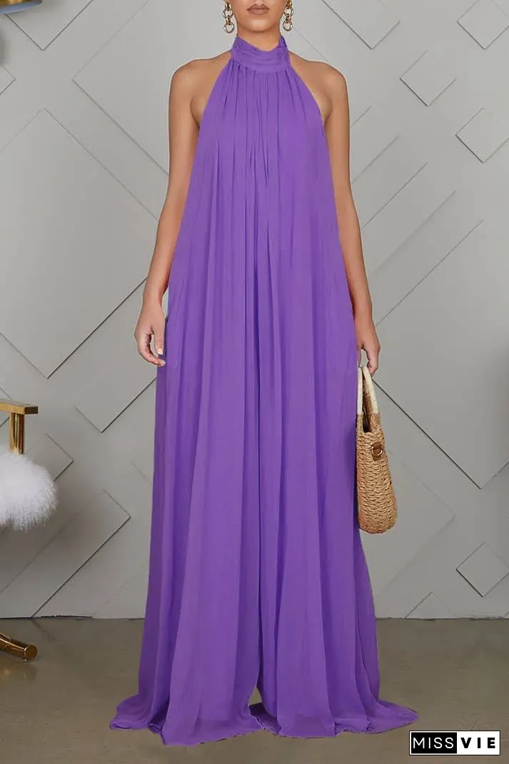 SS/24 chiffon halter backless pleated wide leg jumpsuit