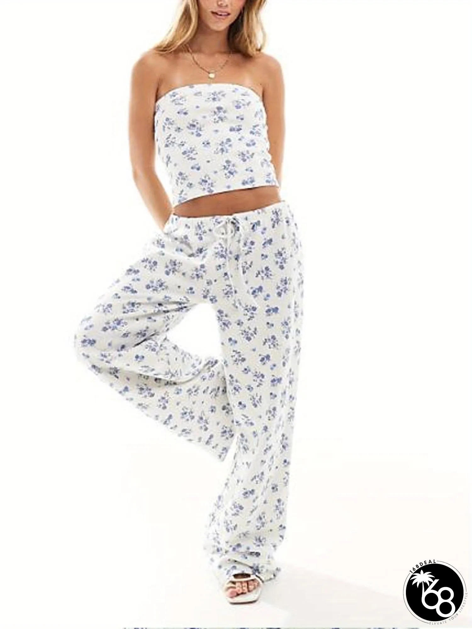 2PCS OUTFIT Women STRETCHY sleeveless SOLID COLOR CASUAL CROP TUBE TOP AND FLARE LEG PANTS | 168DEAL