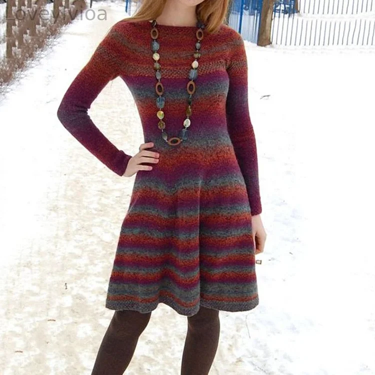 Vintage Contrast Striped Wool Midi Dress