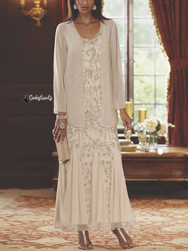 Sequin Slip Dress Mesh Top Set