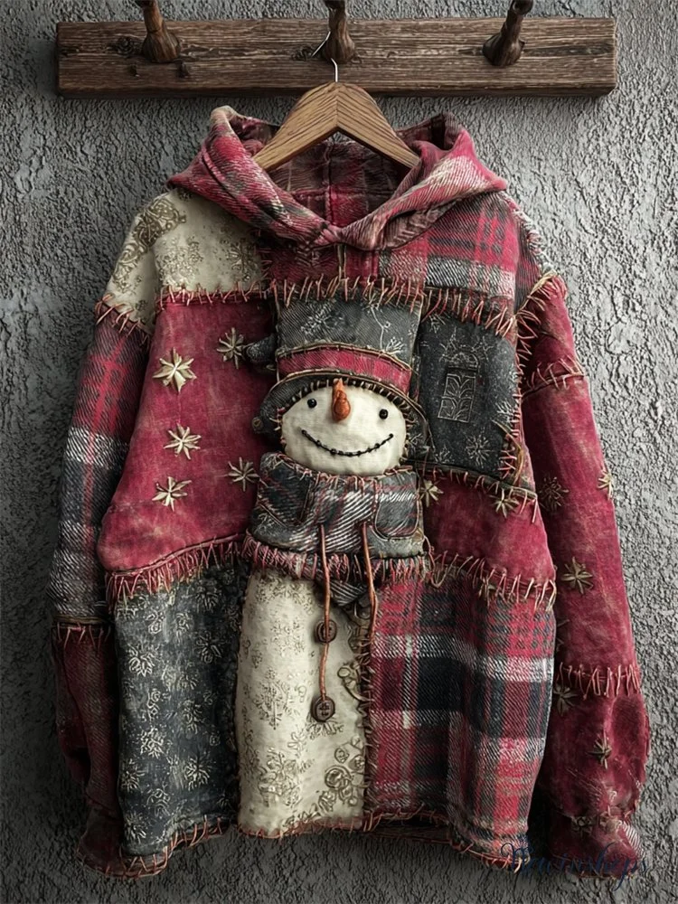 Vintage Snowman Plaid Colorblock Patchwork Hoodie