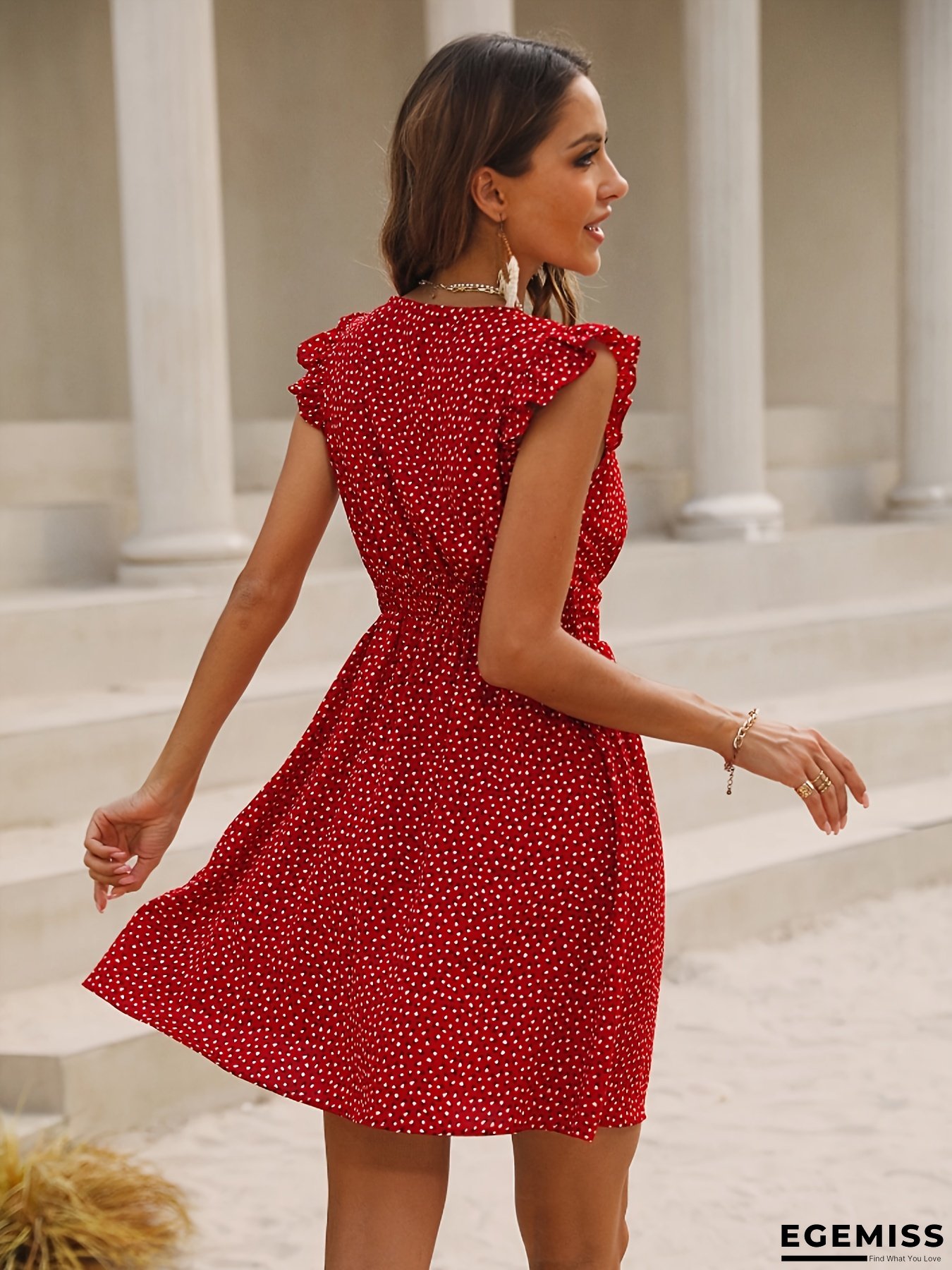 V-Neck A-Line Dress With Butterfly Sleeves & Red Polka Dot Print - Lightweight Polyester, Button Detail, Perfect For Spring/Summer/Fall, Adult Women's Fashion, Casual Attire | Vneck Dress | Lightweight Dress | EGEMISS