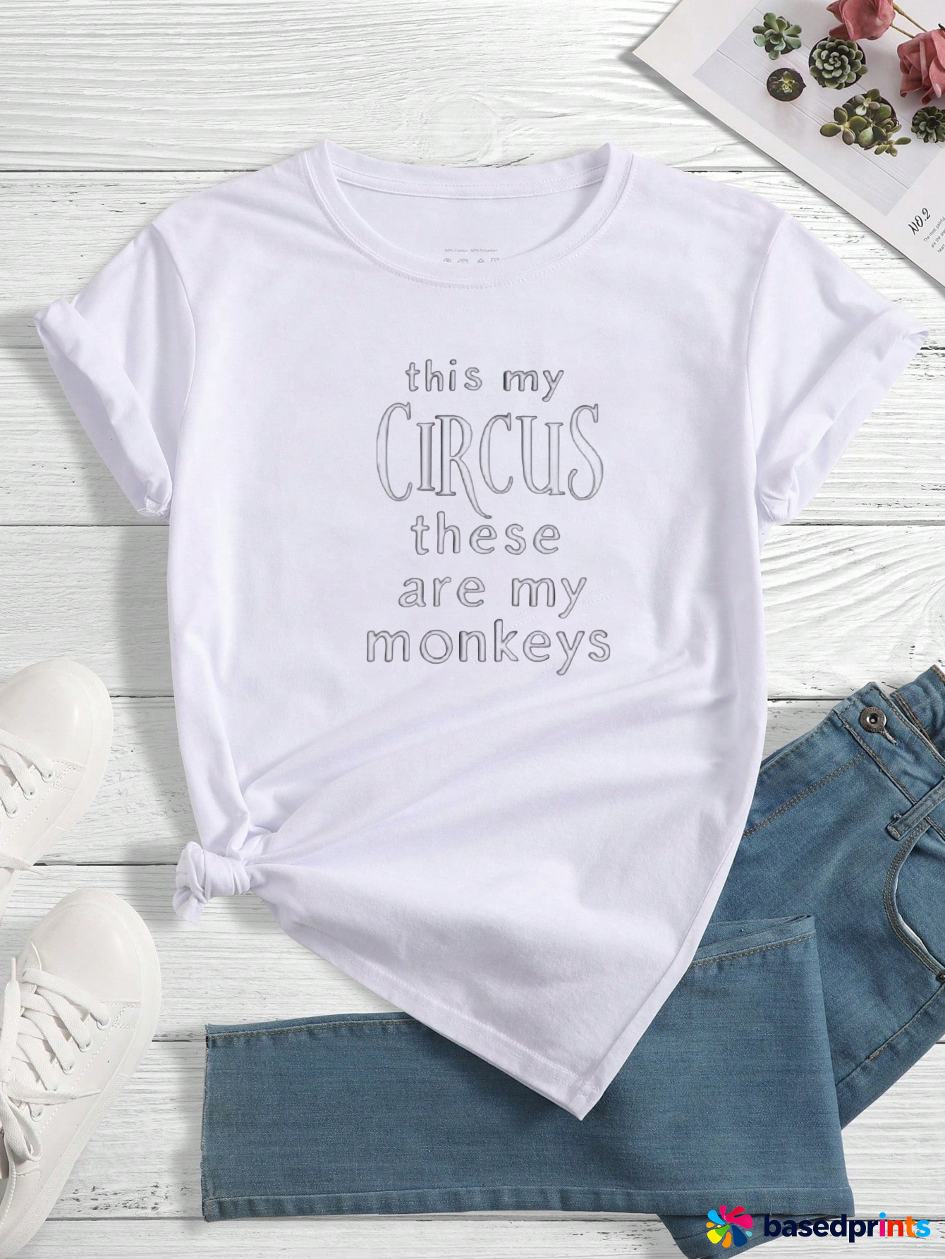 White Short Sleeve T-Shirt with Funny Quote and Jeans