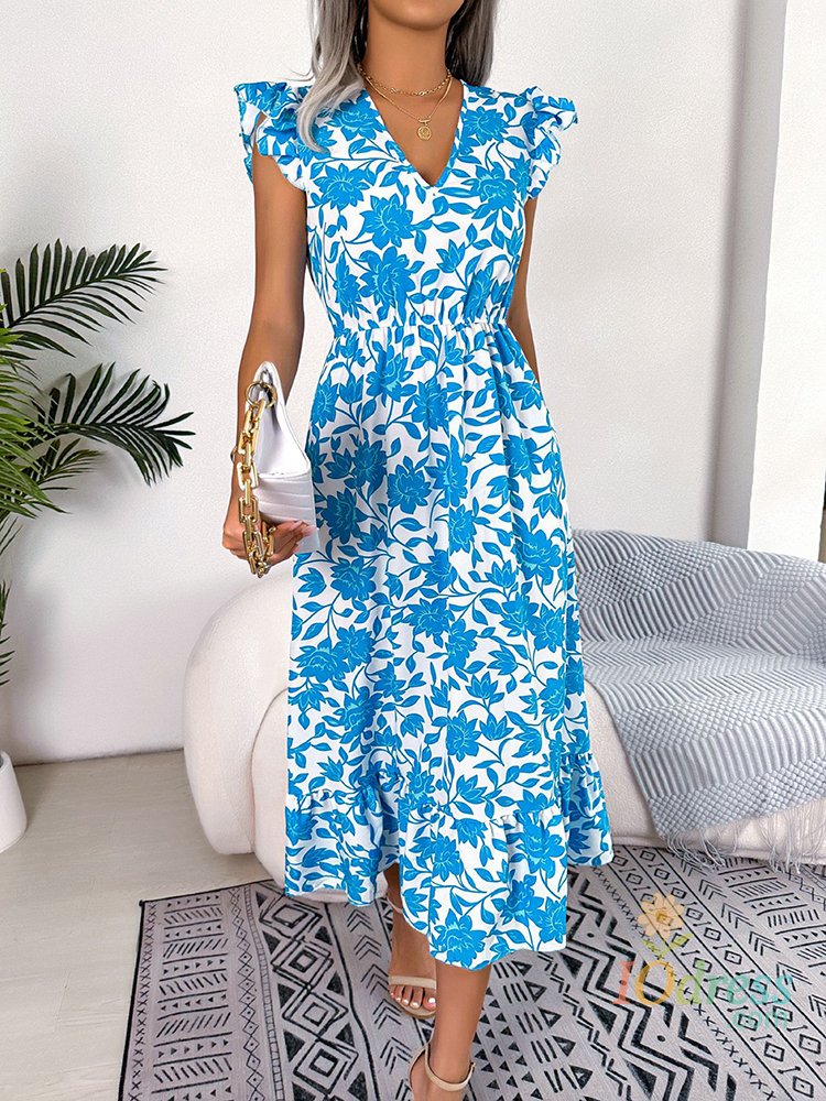 IO Dress Summer Floral Midi Dresses For Women Casual Sleeveless Ruffle Holiday Beach Dress Fashion White V Neck New In Dresses 2023 IO Dress
