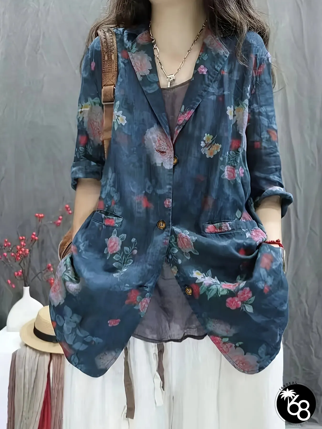 Elegant Vintage Floral Loose Sun-Protective Blazer for Women | 168DEAL