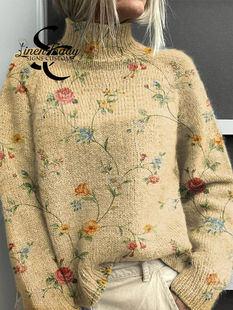 Women's Vintage Lovely Floral Art Print Knit Turtleneck Pullover Sweater
