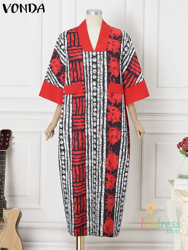 IO Dress Plus Size 5XL VONDA Vintage Print Dress Women Summer Party Maxi Vestido 2025 V-Neck 3/4 Sleeve Casual Oversize Bohemian Robe IO Dress
