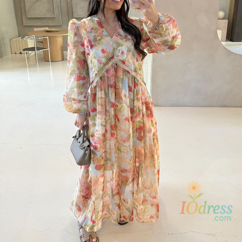 IO Dress Fashion Design Pleated Loose Dress French Romantic Floral Print High Waist Dress Casual Women V Neck Lantern Sleeve Party Dress IO Dress