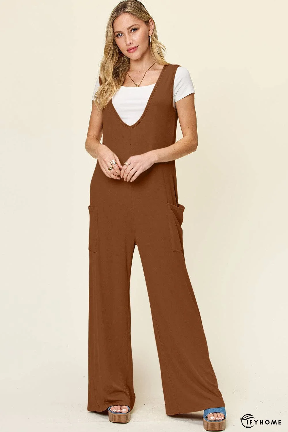 Double Take Full Size Sleeveless Wide Leg Jumpsuit with Pockets | IFYHOME