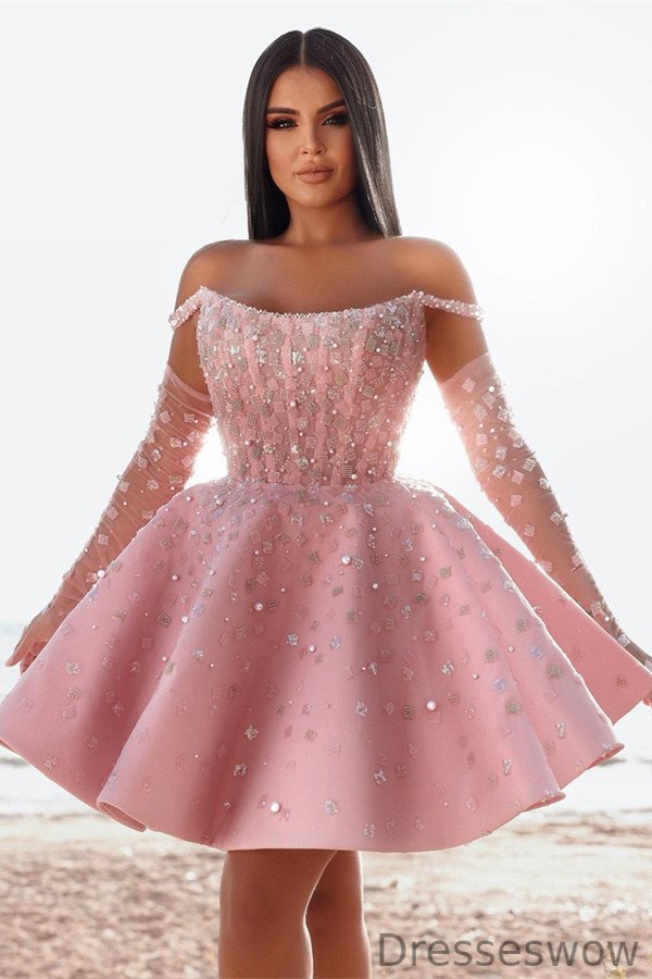 Dresseswow Pink Off-the-Shoulder Homecoming Dress With Beads Short Prom Dress