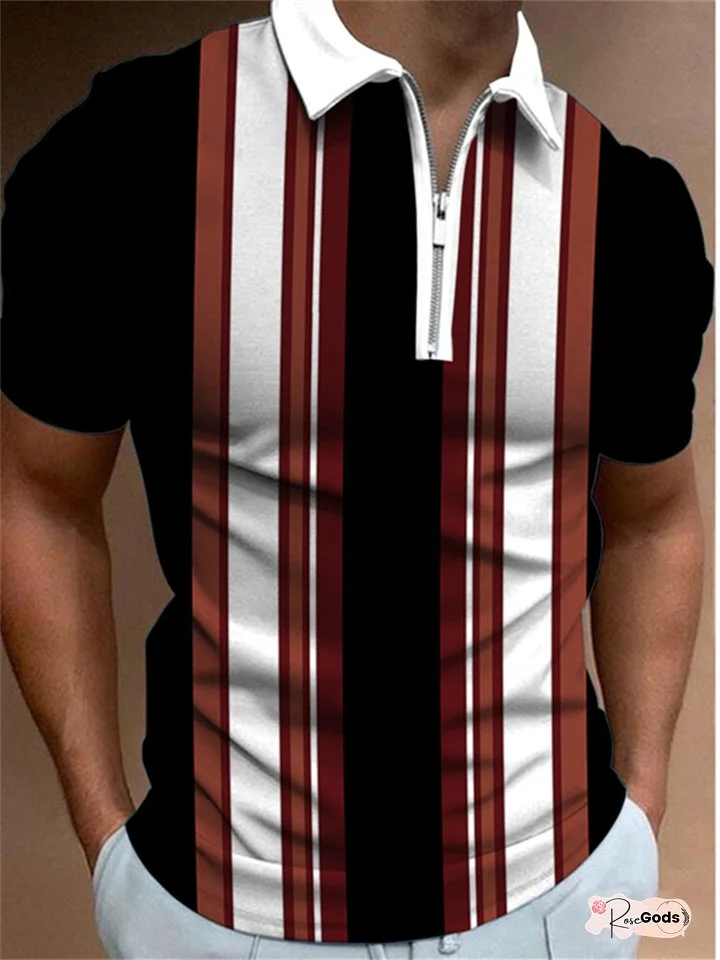 Men's Polo Shirt Striped Printed Short Sleeve Black