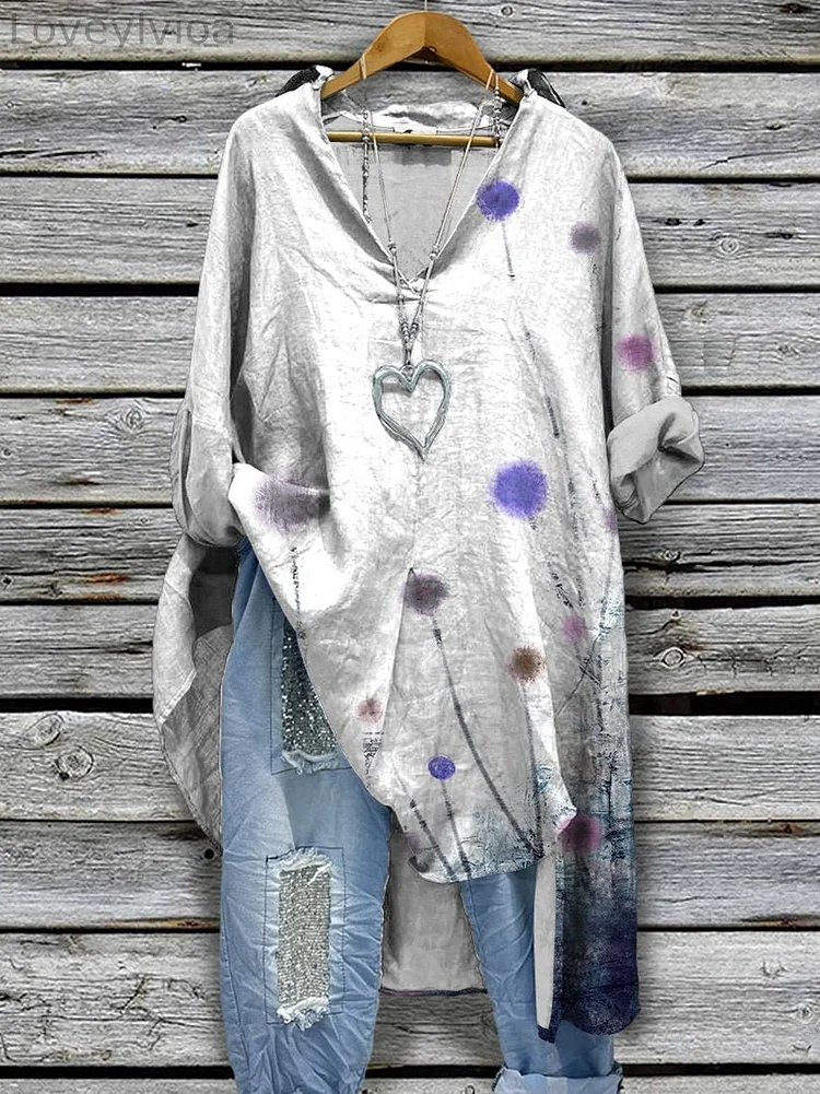 Women‘s Dandelion Flower Print Casual Cotton And Linen Shirtdress