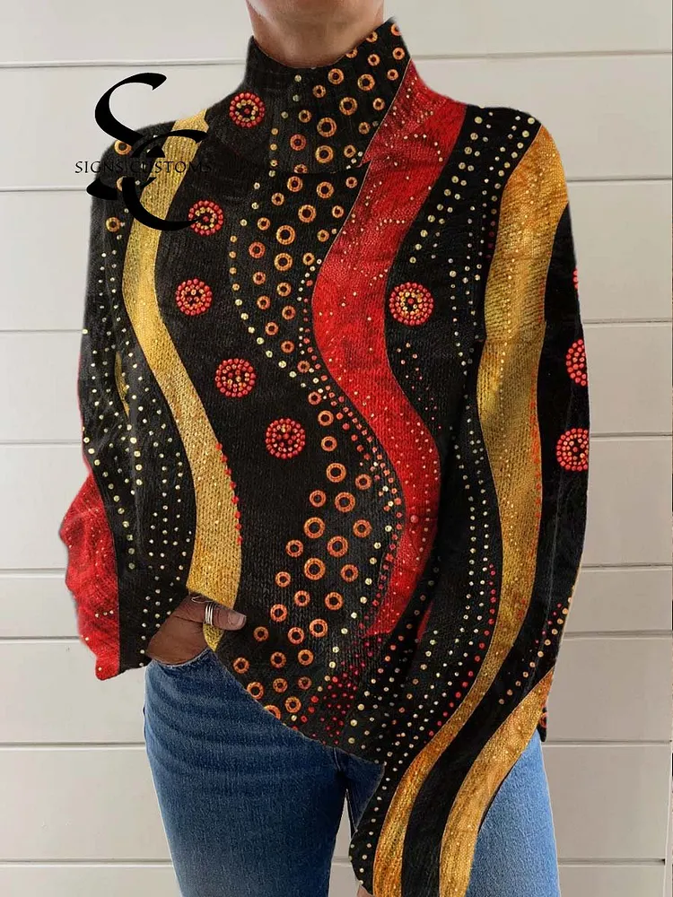 Women's Abstract Pattern Art Print Knit Turtleneck Pullover Sweater