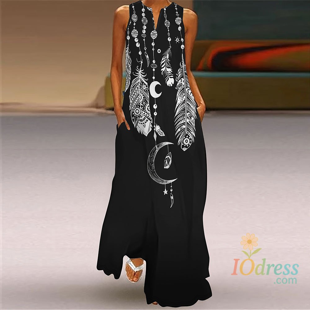 IO Dress Women'S Loose Dress Summer Casual Feather Print Dress Women'S Plus-Size V-Neck Sleeveless Dress Fashion Elegant Evening Dress IO Dress