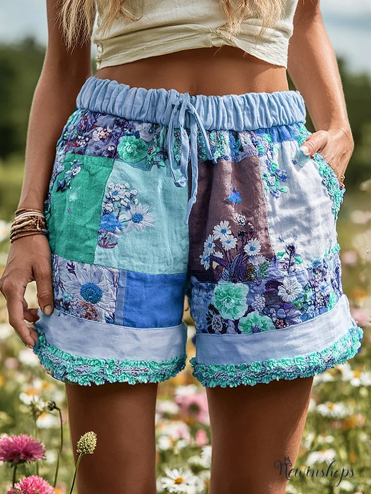 Women's Patchwork Floral Contrast Drawstring Shorts
