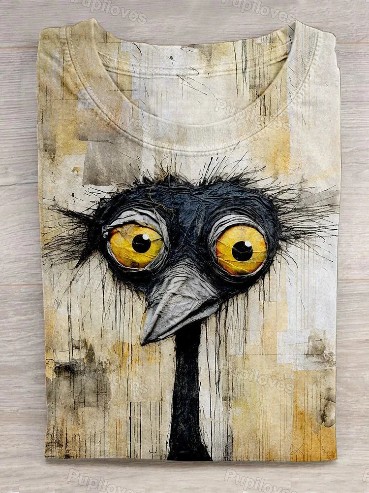 Pupiloves Pupiloves  Art Texture Retro Old Painting Ostrich Animal Art Print Casual T-Shirt