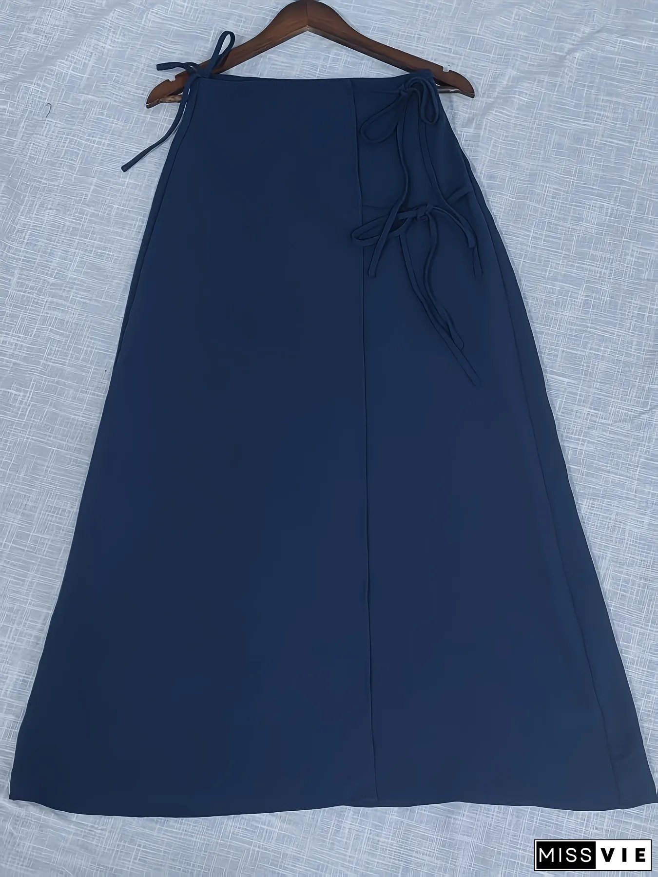 Elegant Dress for Women with Blue Solid Color Wrap Skirt Design Adjustable Waist Belt Bow