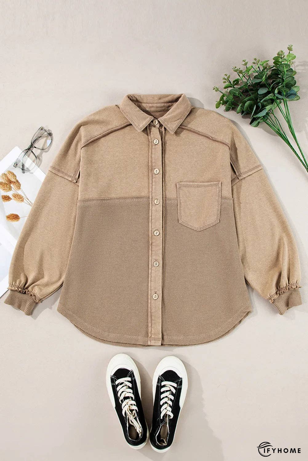 Waffle-Knit Collared Neck Long Sleeve Shacket | IFYHOME