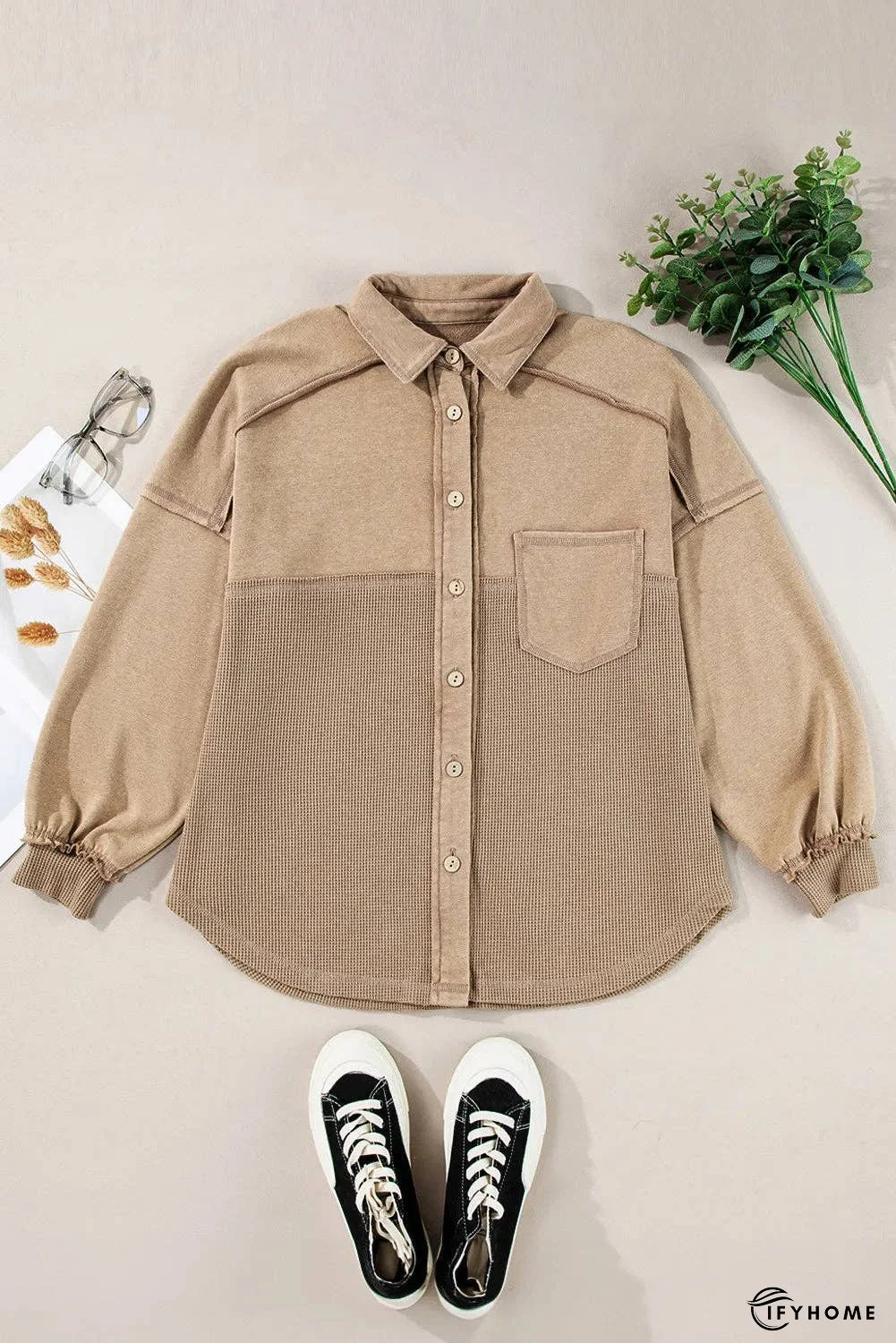 Waffle-Knit Collared Neck Long Sleeve Shacket | IFYHOME
