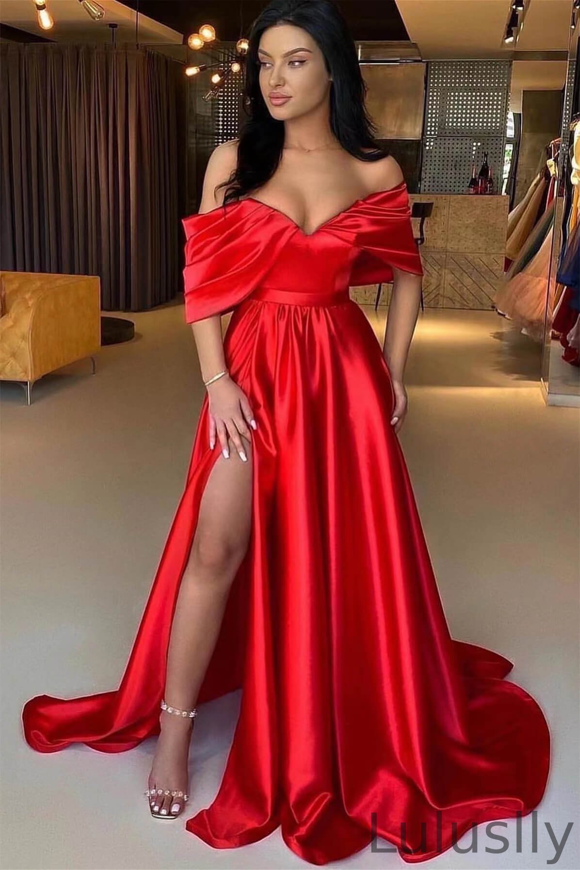 Luluslly Red Off-the-Shoulder Evening Dress Long Split Online