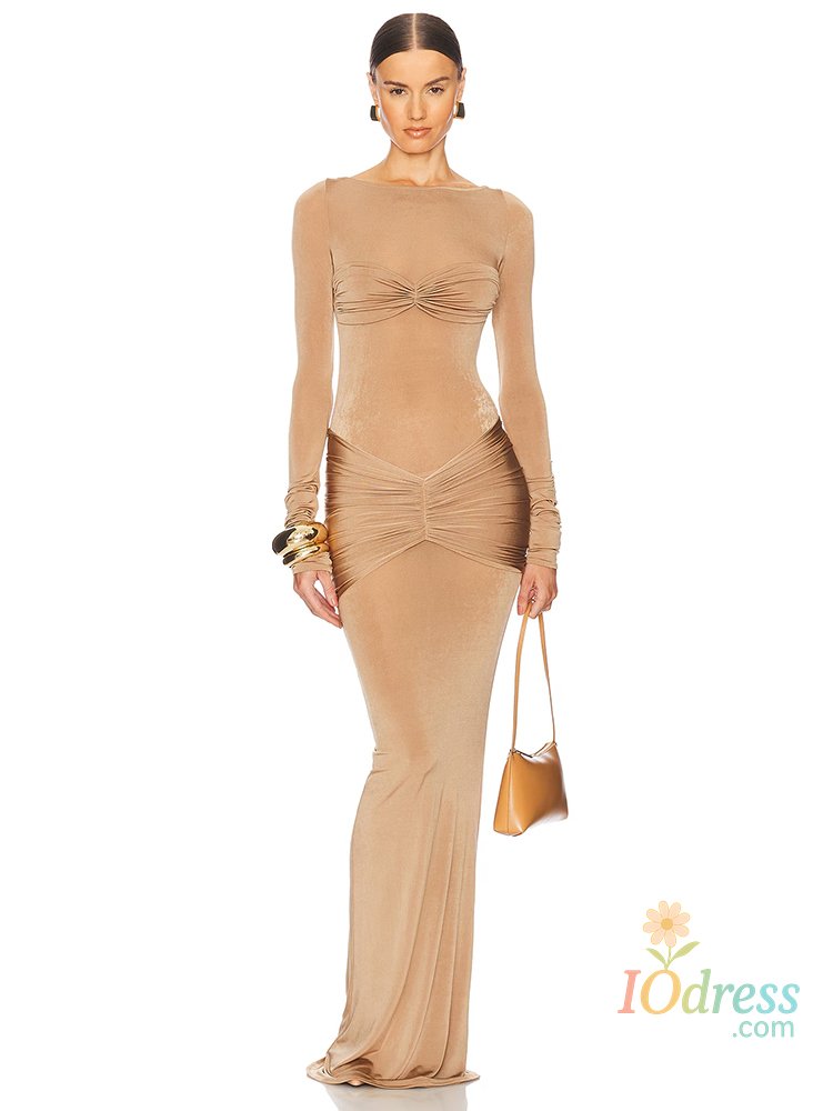 IO Dress Mozision Long Sleeve Ruched Sexy Maxi Dress For Women Gown 2025 Spring Fashion Solid O Neck Slim Fit Elegant Long Dress Clothes