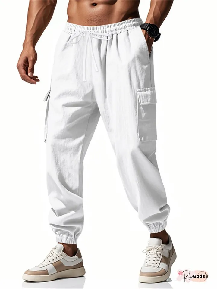 Men's New Cotton and Linen Casual Tie Rope Solid Color Loose Large Size Work Pants