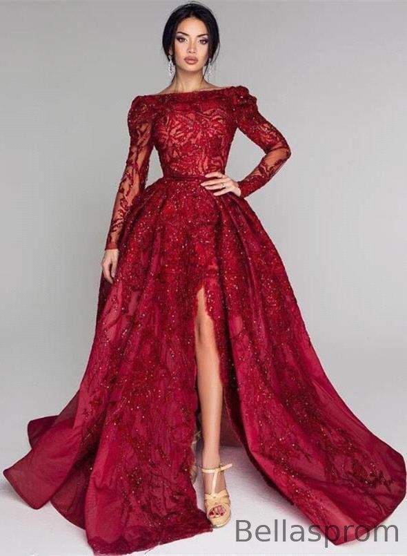 Bellasprom Burgundy Sequins Evening Dress With Slit Long Sleeves Bellasprom