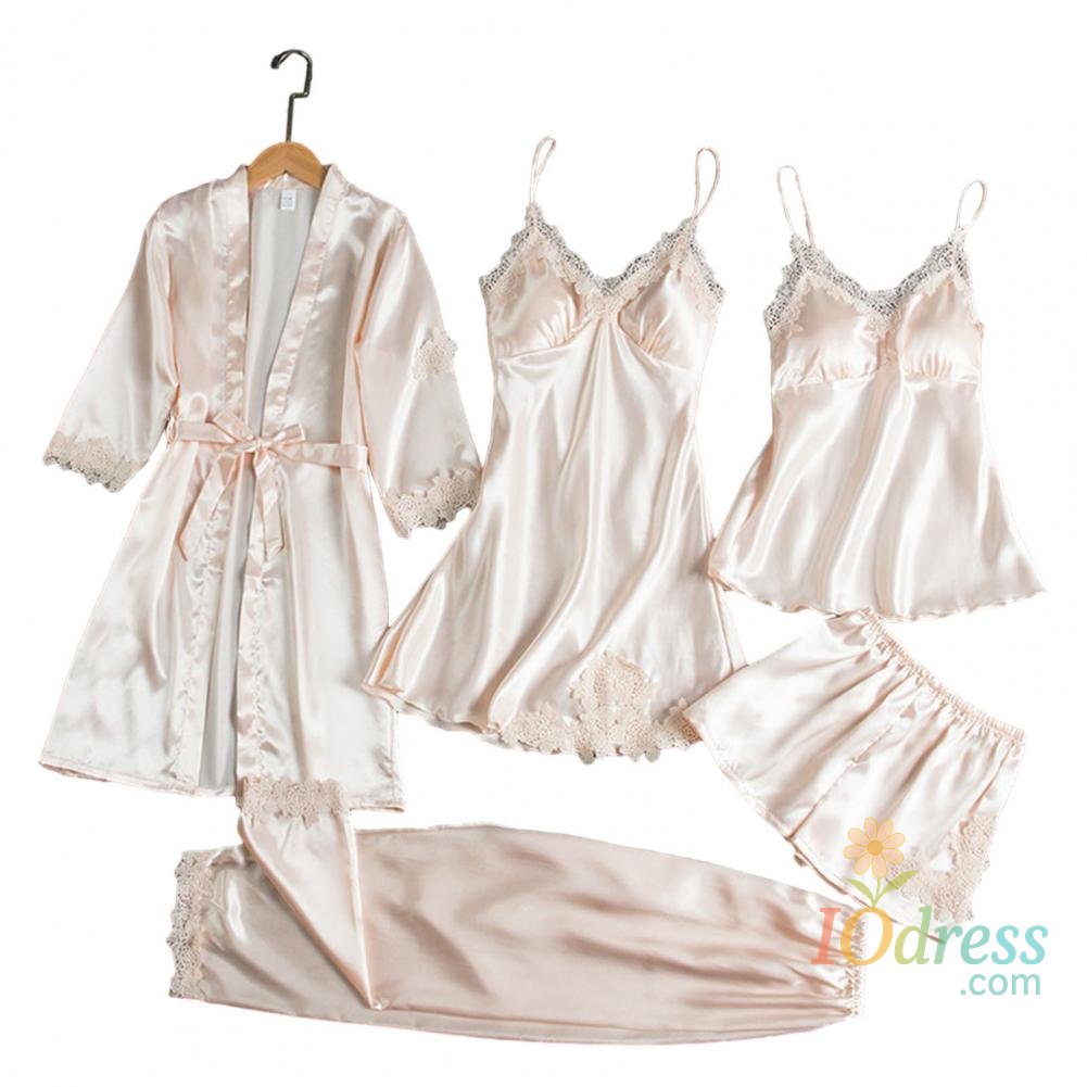 IO Dress 5 Pcs/Set Women Pajamas Set Silky Satin Nightgown Nightdress Top Shorts Pants Set Lace Patchwork Loose Thin Women Homewear Set