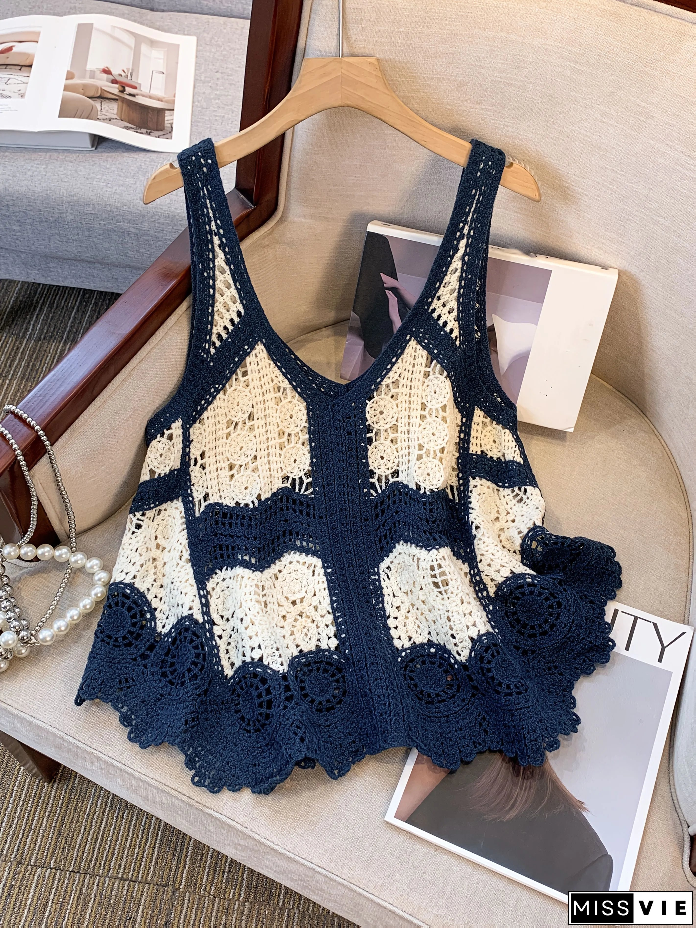 Womens Bohemian Color Block Crochet Lace Sleeveless Tank Top V-Neck Semi-Sheer Summer