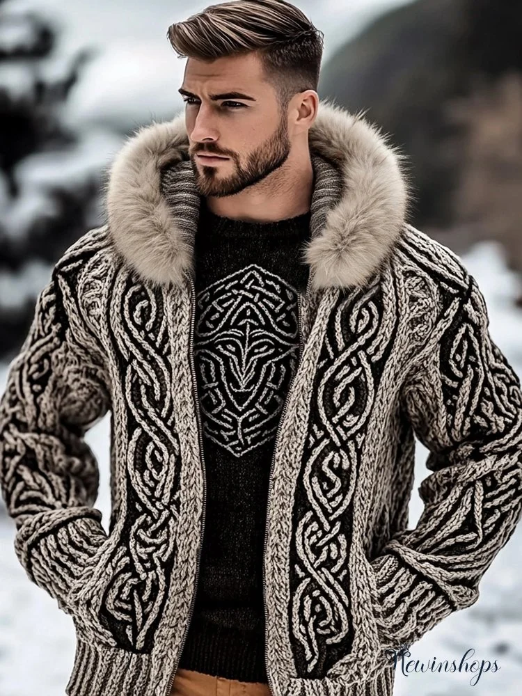 Men's Viking Kyle Style Thickened Fur Collar Zip-up Sweater