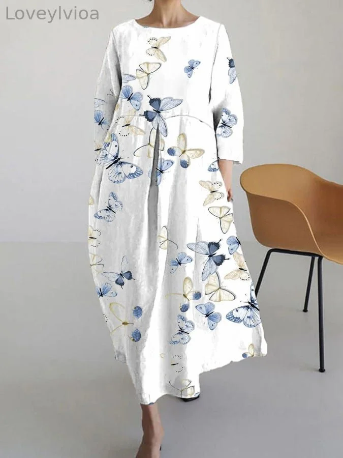 Women's Butterflies Print Casual 3/4 Sleeve Dress