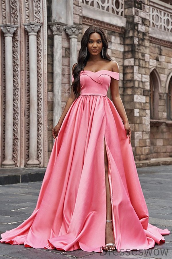 Dresseswow Pink Off-the-Shoulder Long Prom Dress With Split
