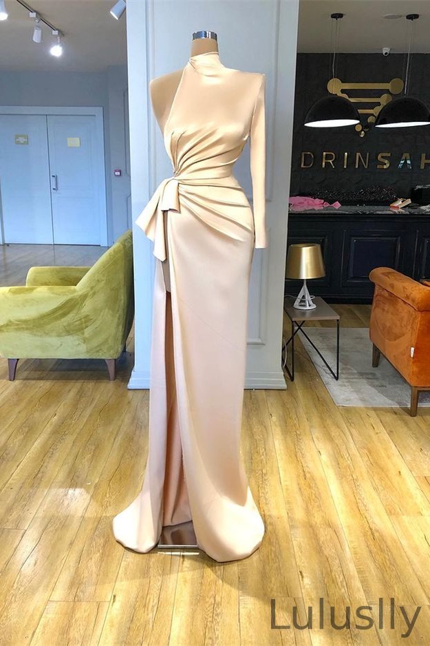 Luluslly High Neck One Shoulder Long Sleeves Prom Dress Mermaid With Slit