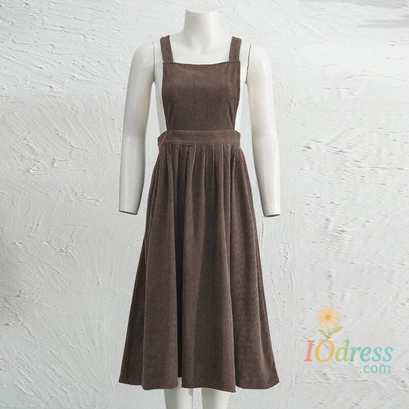 IO Dress Autumn Vintage Corduroy Women's Pinafore Dress 2024 New Solid Color Back Cross Adjustable Shoulder Straps Sleeveless Dresses