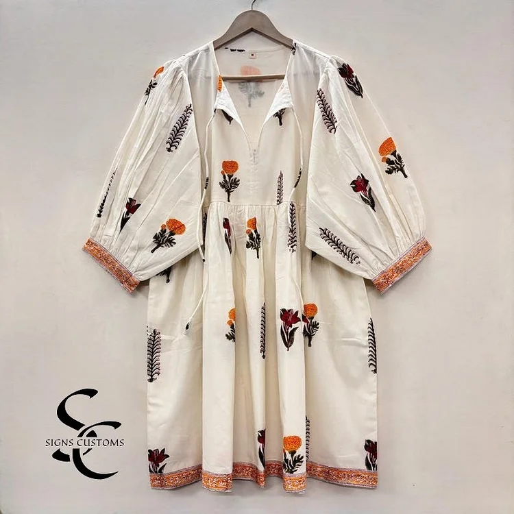 Yellow Floral Hand Block Print Woman Midi Dress &ndash; Bohemian Cotton Tunic for Women with String Closure & Full Lining