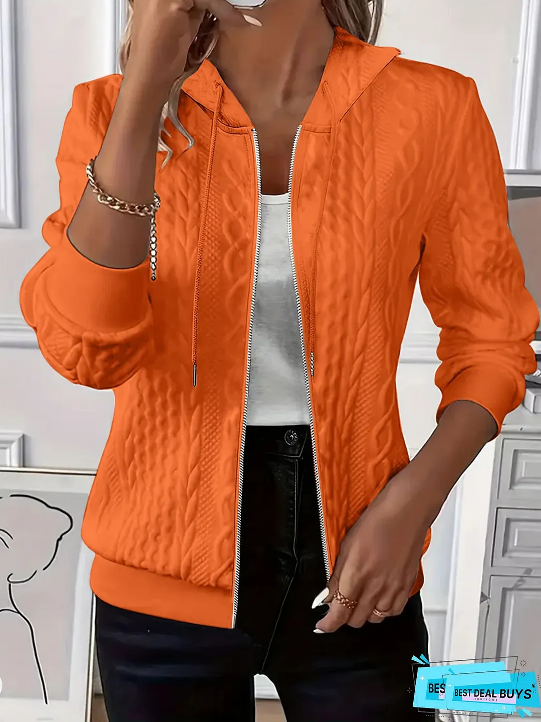 Women&lsquo;s Plus Size Elegant Textured Zip-Up Hooded Sweatshirt Jacket - Full-Zip Front Closure, Long Sleeve Winter Warmth, Solid Color Casual to Formal Outerwear, Cozy Fall & Winter Clothing with Drawstring Hood