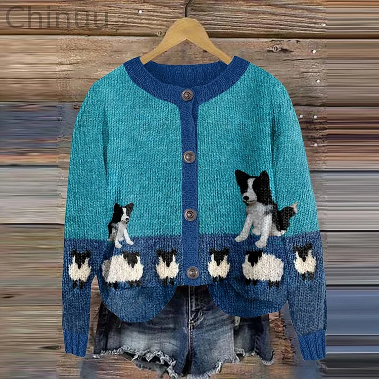 Cute Shepherd Dog And Sheep Cozy Knit Cardigan