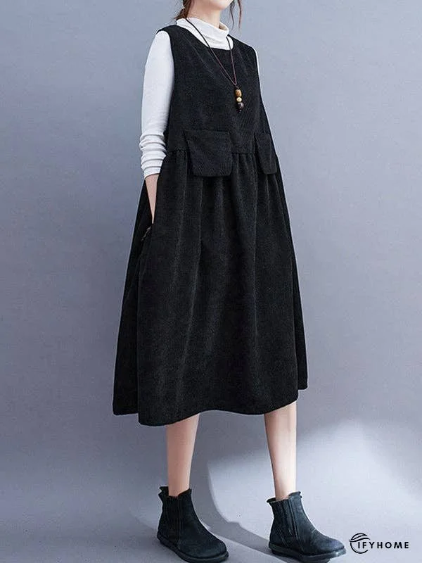 Artistic Retro Loose Sleeveless Solid Color Round-Neck Midi Dresses | IFYHOME