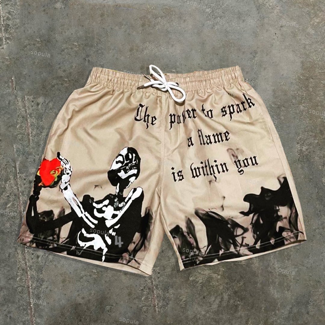 The Power To Spark A Flame Is Within You Skull Graphic Casual Street Mesh Shorts