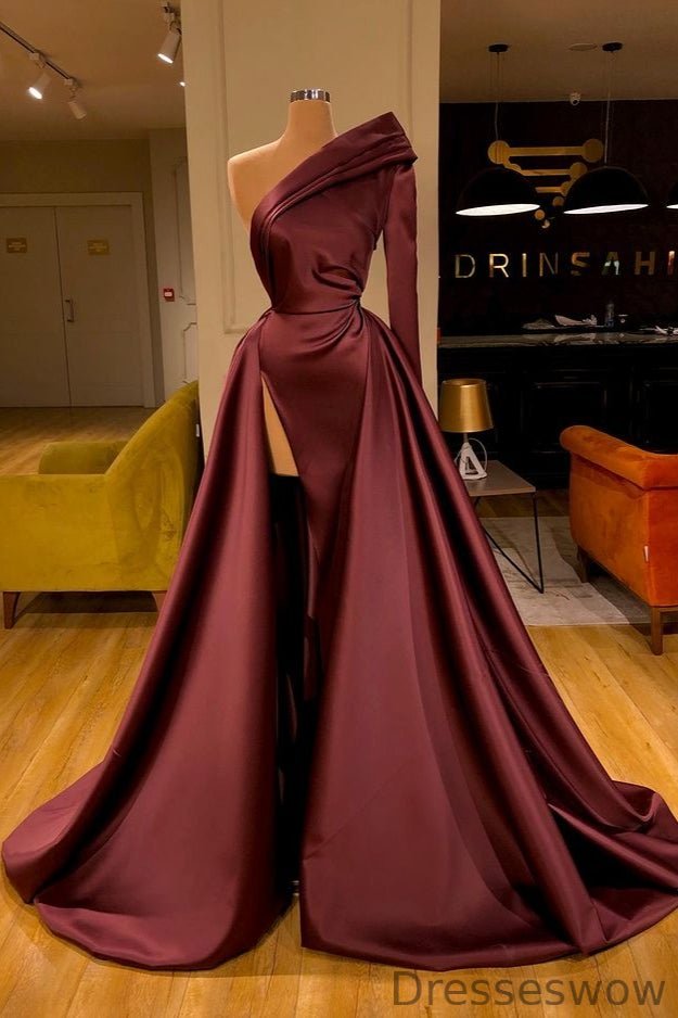 Dresseswow Cabernet One Shoulder Long Sleeves Prom Dress Split With Overskirt