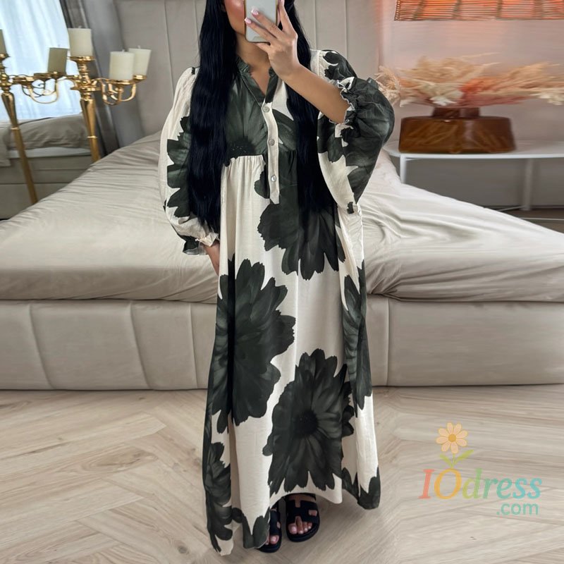 IO Dress Elegant Fashion Floral Print Loose Long Dress Woman Spring V Neck Button Pullover Dress Autumn Puff Long Sleeve Party Maxi Dress