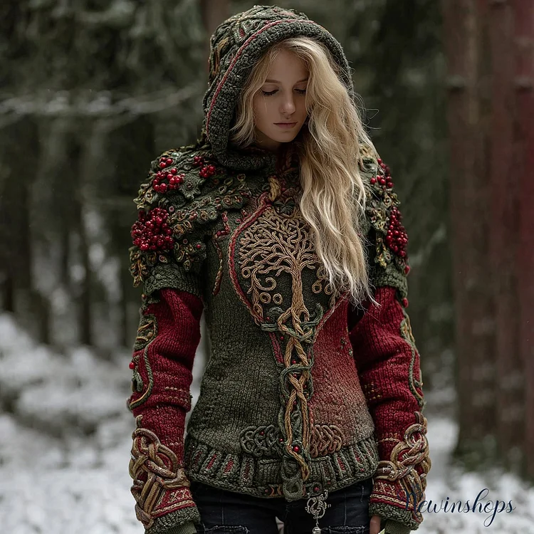 Women's Celtic Tree Of Life Christmas Tree Knit Hooded Sweater