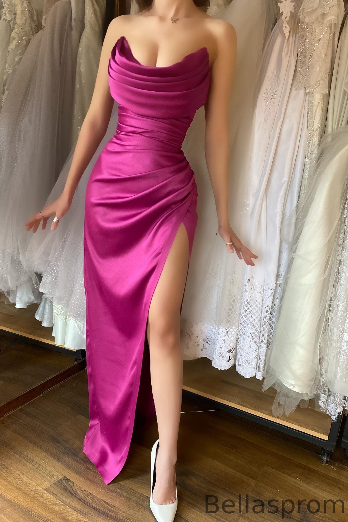 Bellasprom Fuchsia Sweetheart Sleeveless Mermaid Prom Dress Pleats With Split Bellasprom