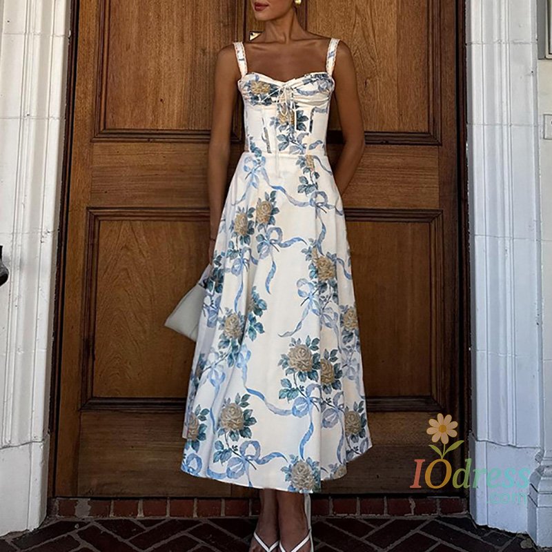 IO Dress Vintage Pattern Print Waist Sling Women Dress Elegant Sleeveless Off Shoulder A-Line Dress Fashion Bow Tie-Up Long Party Dresses IO Dress