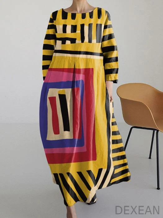 Vintage Abstract Art Print Long Sleeve Dress