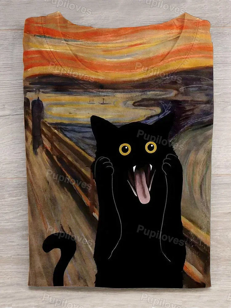 Pupiloves Pupiloves  Funny Black Cat Series World Famous Paintings Scream Art Print Design T-Shirt
