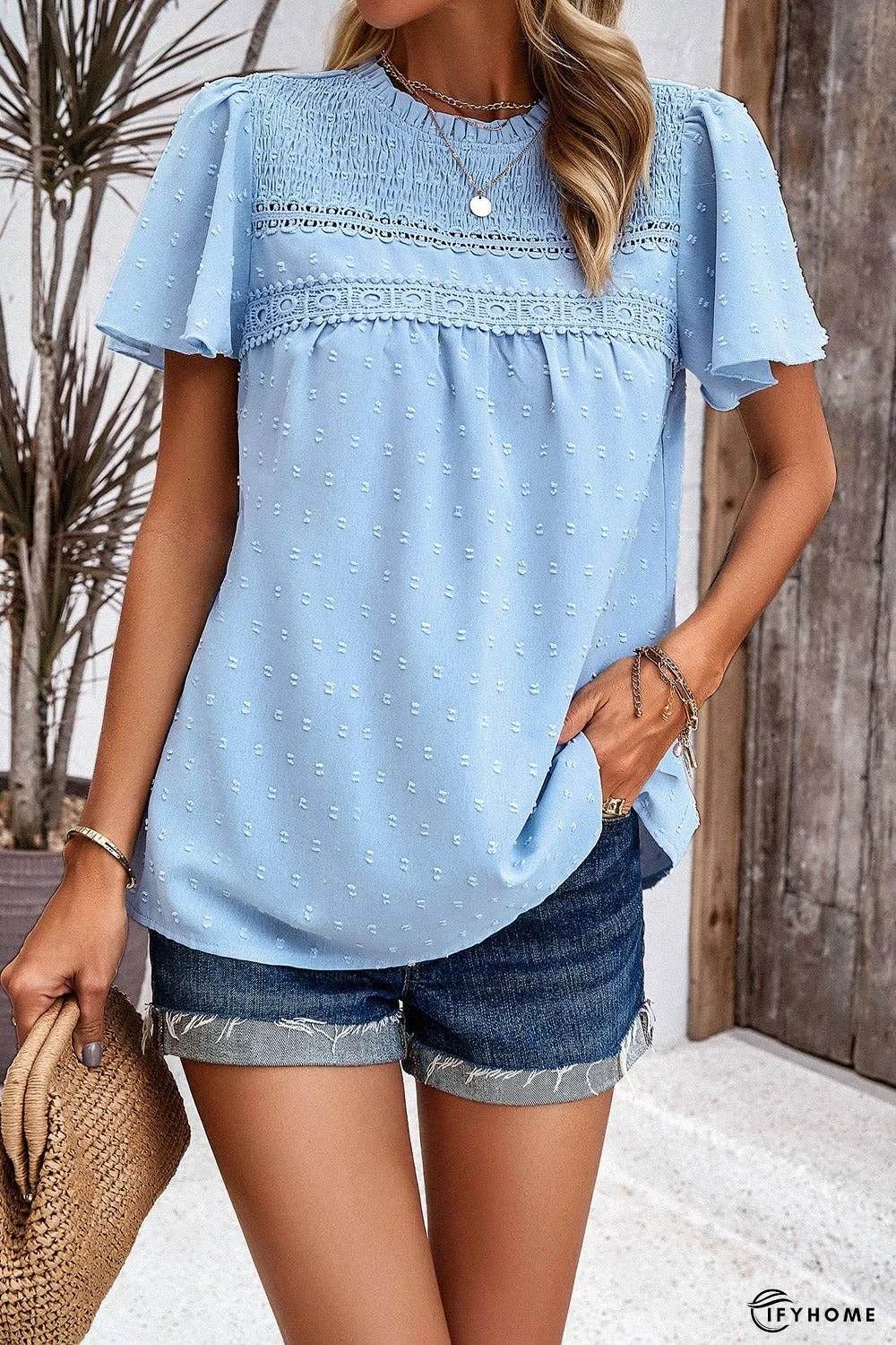 Swiss Dot Smocked Round Neck Short Sleeve Blouse | IFYHOME