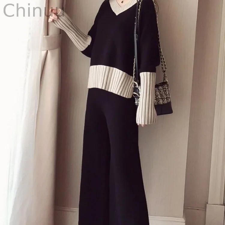 Elegant Casual Color Block Knit Two-piece Set
